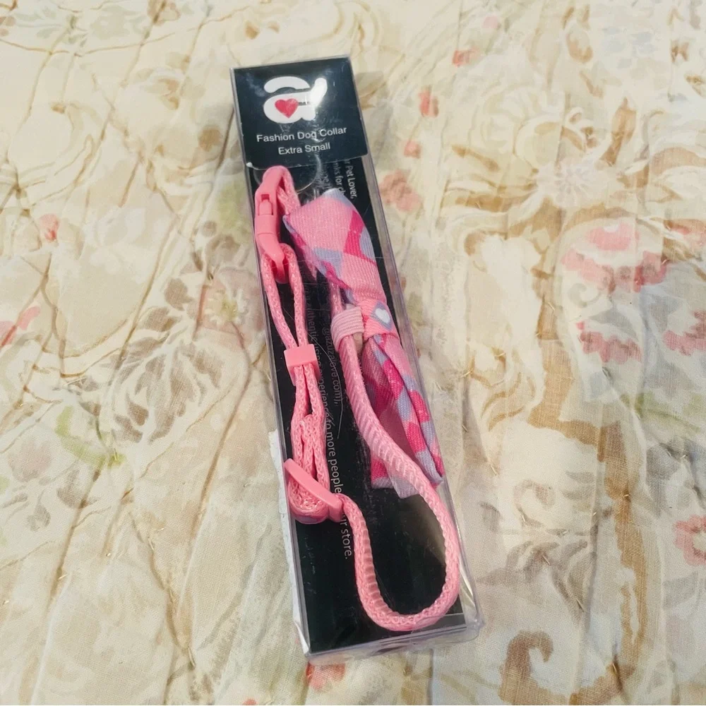 Azuza XS Extra Small Dog Collar With Bow Tie, Lovely Pink & Purple Heart Pattern